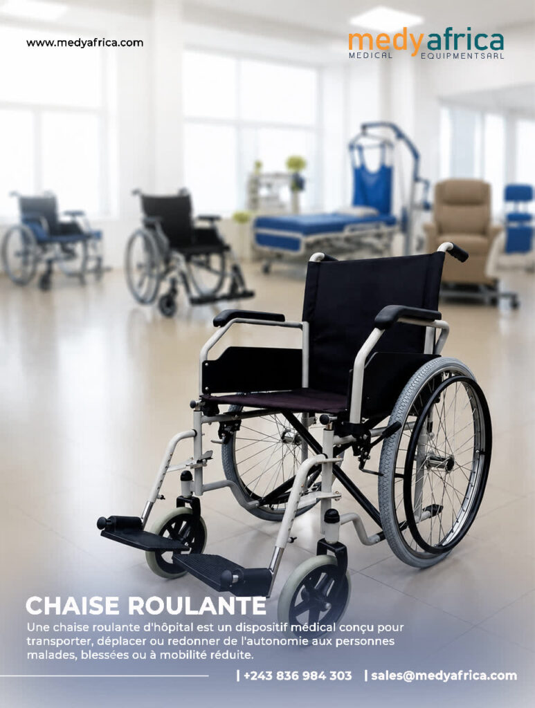 Fauteuil roulant manuel pour les établissements de santé à Kinshasa.