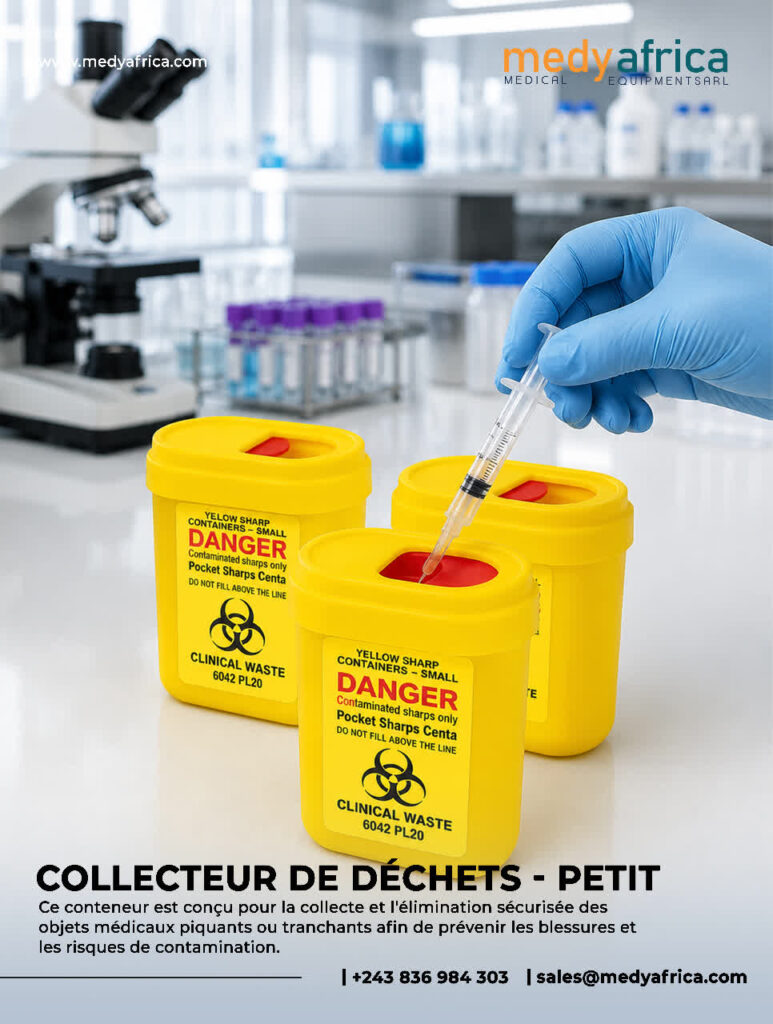 Collecteur jaune de déchets médicaux piquants et tranchants à Kinshasa