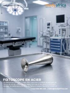 Stéthoscope obstétrical de Pinard en acier pour l’écoute du rythme cardiaque fœtal.