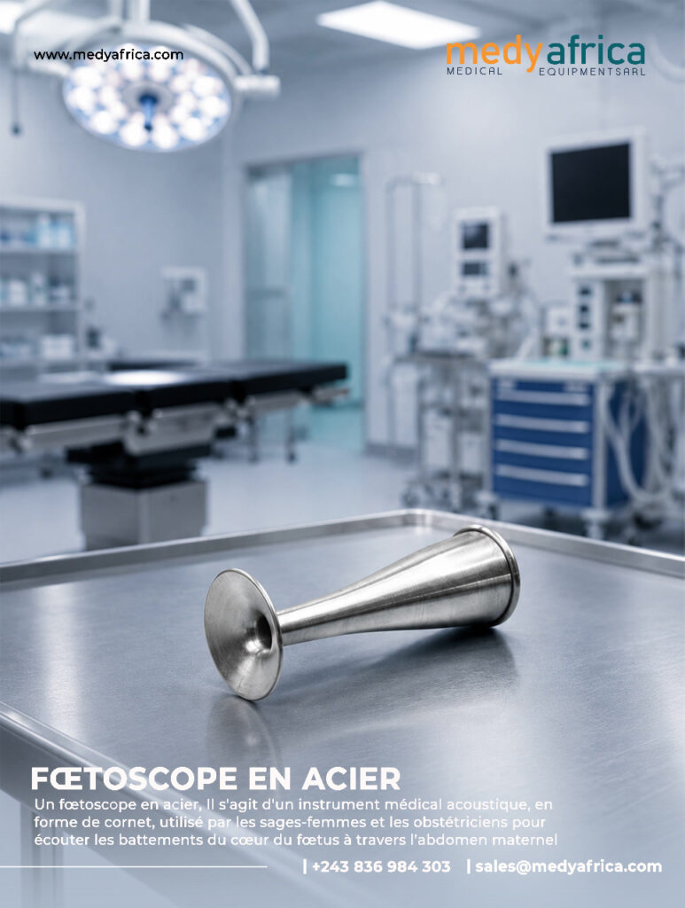 Stéthoscope obstétrical de Pinard en acier pour l’écoute du rythme cardiaque fœtal.