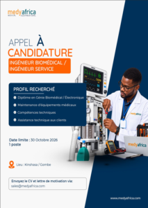 Affiche de recrutement d’un ingénieur biomédical chez Medy Africa, entreprise médicale à Kinshasa.