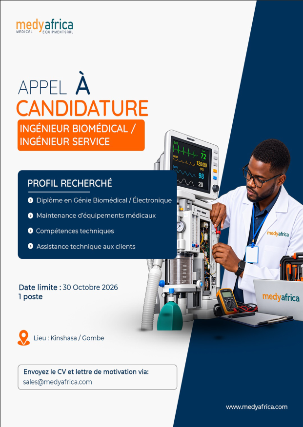 Affiche de recrutement d’un ingénieur biomédical chez Medy Africa, entreprise médicale à Kinshasa.